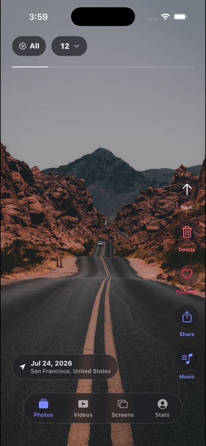 Drift photo review screen showing a desert road moment with the action rail